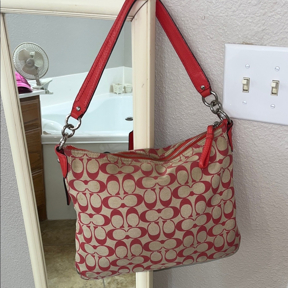 Coach Red and Beige Signature Shoulder Bag - Picture 6 of 13